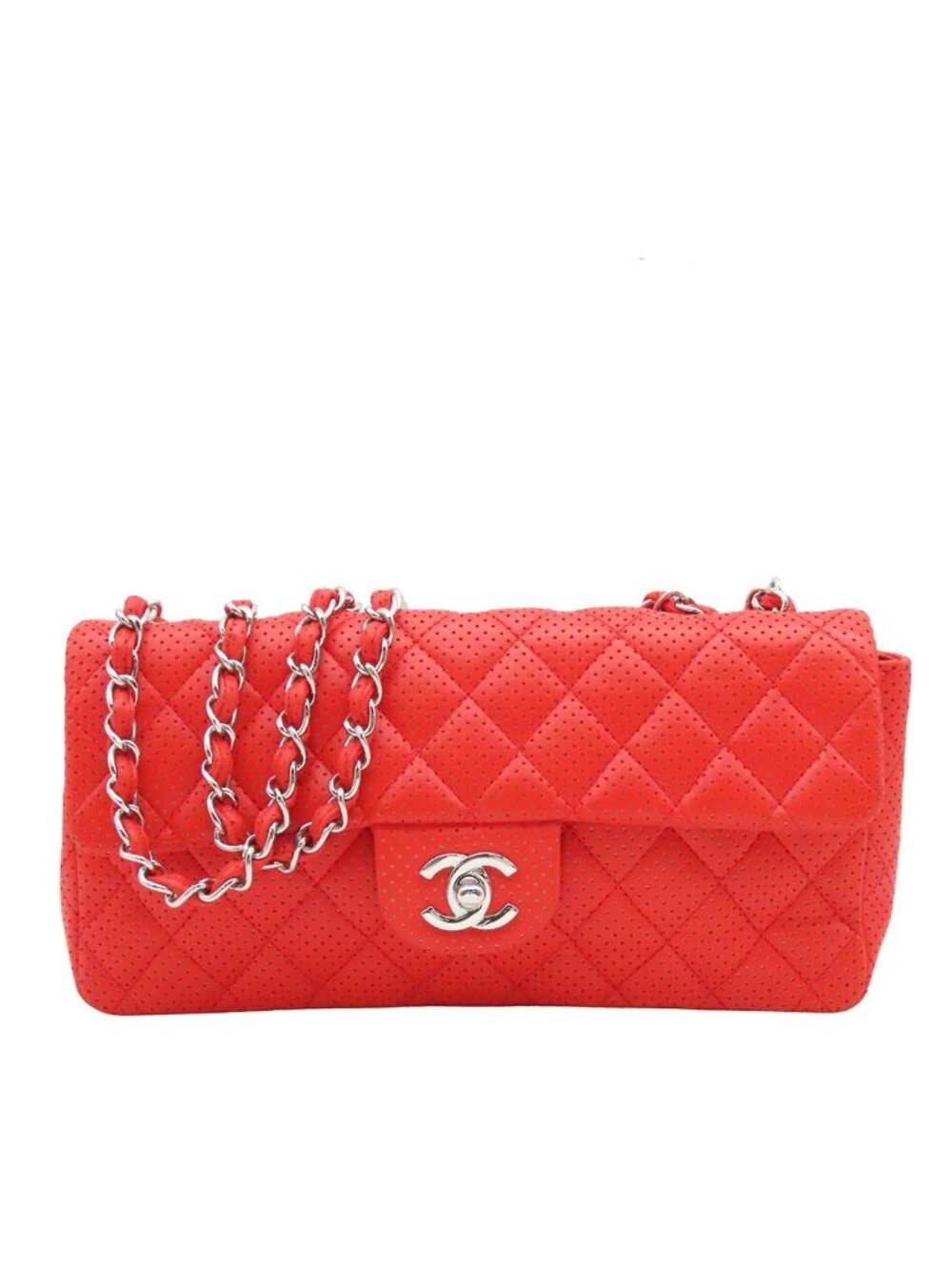Chanel Perforated Shoulder Bag Red Lambskin Quilted Chain CC Logo